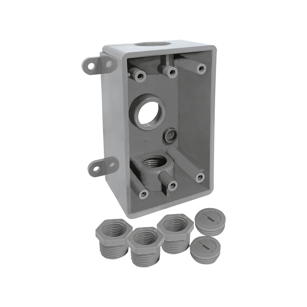 CAJA RECTANGULAR 3 ORIFICIOS PVC GRIS INTEMPERIE 1/2 - 3/4